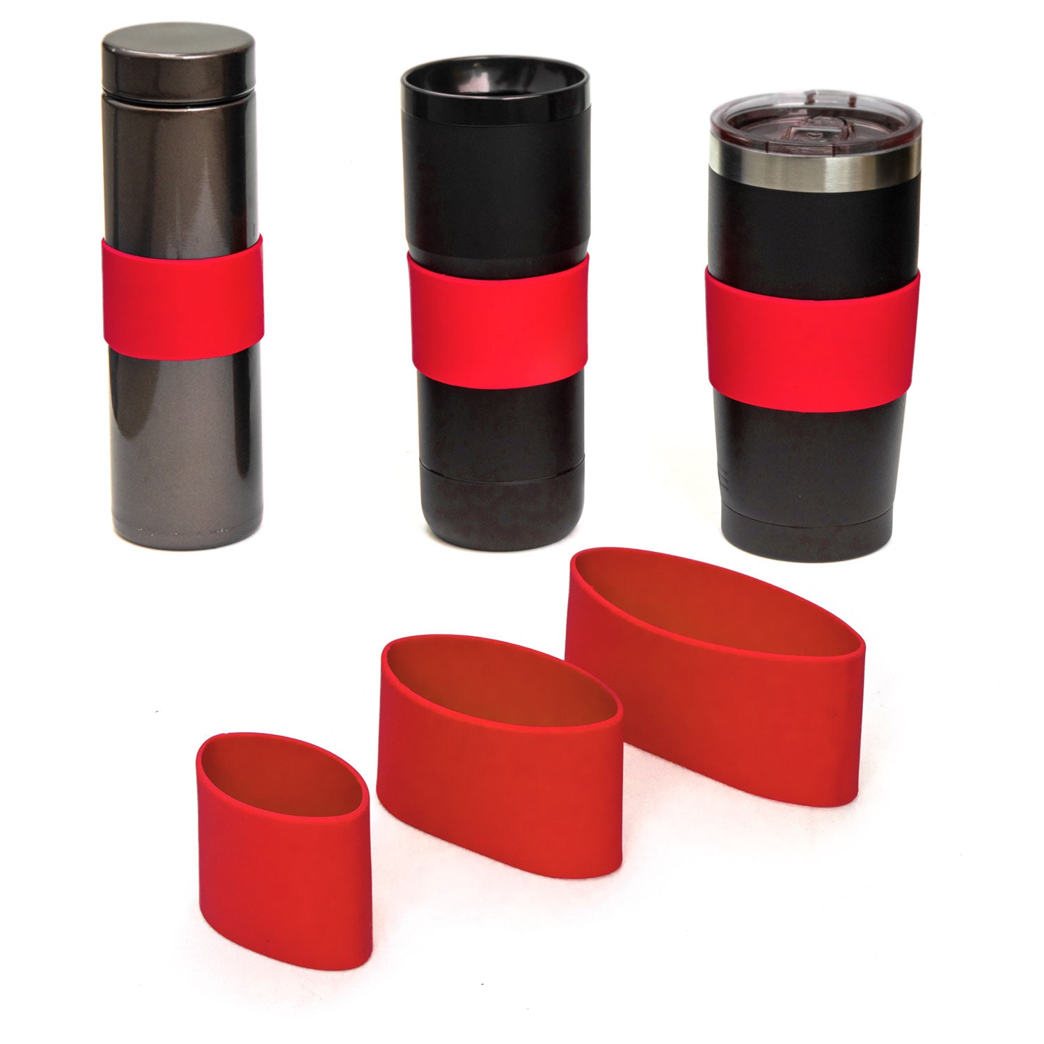 Grifiti Band Joes Silicone Grip Bands 3 Pack Assorted Sizes Mugs Cups Bottles Knobs Dumbbells, Red